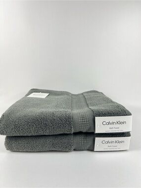 Calvin Klein Bath Towel Set Empower Dark Gray Plush Cotton Zero Twist 2 Pc NEW